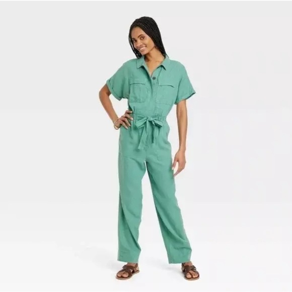 Universal Thread Women's Short Sleeve Linen jumpsuit, romper Green women’s Size - Picture 3 of 12
